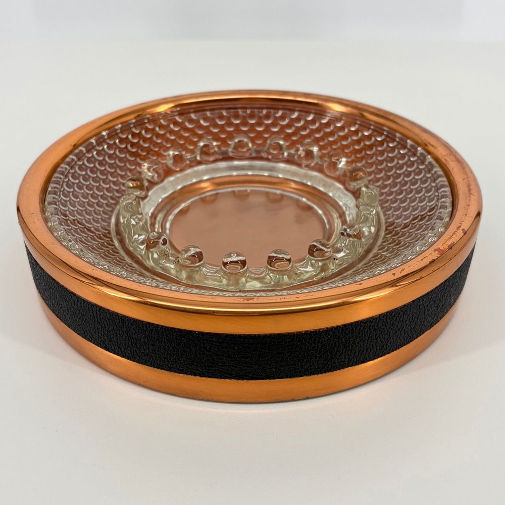 Coppercraft Guild Ashtray Vintage 70s Copper Glass Leather Trim NOS
